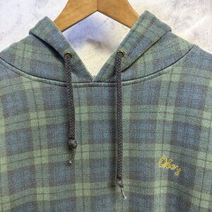 Obey Hoodie Sweatshirt Mens Large Green Blue Plaid Skate Streetwear Baggy